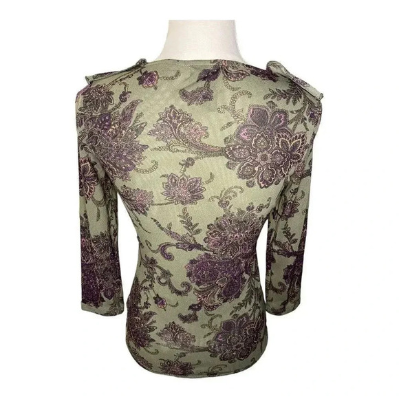 Chaps Women’s Small Green & Purple Mesh Ruffle V Neck Floral Print Top - Picture 3 of 4